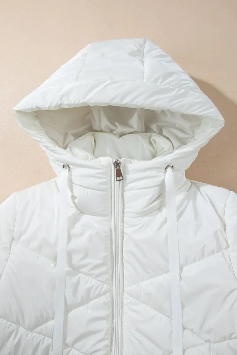 White Solid Quilted Hooded Zip Up Puffer Jackets - Love Salve
